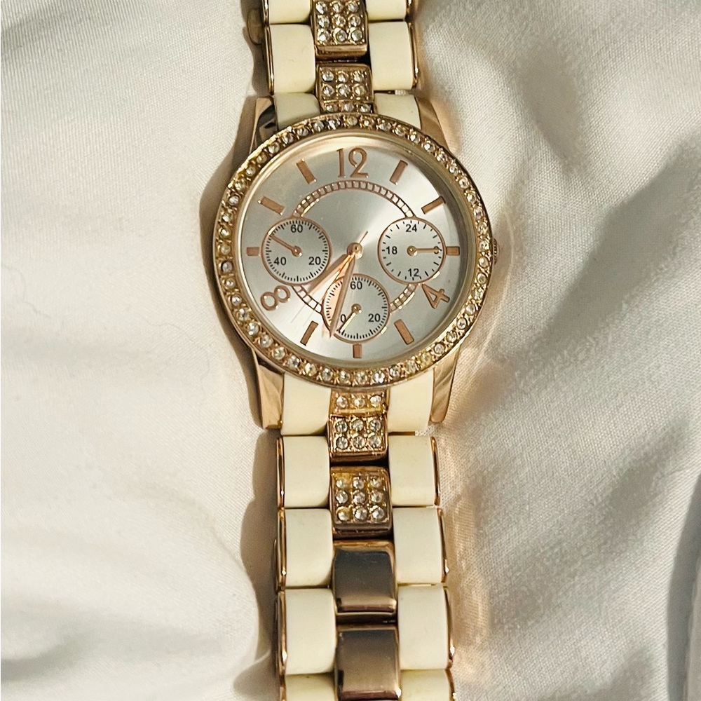Gold and White Crystal Embellished Watch